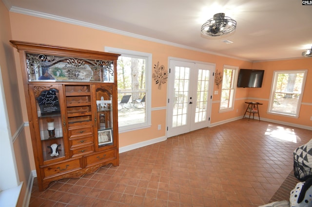 doorway to outside featuring ornamental molding, french doors, and plenty of natural light