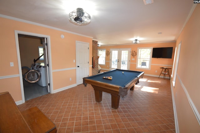 game room featuring washing machine and dryer, french doors, crown molding, and billiards