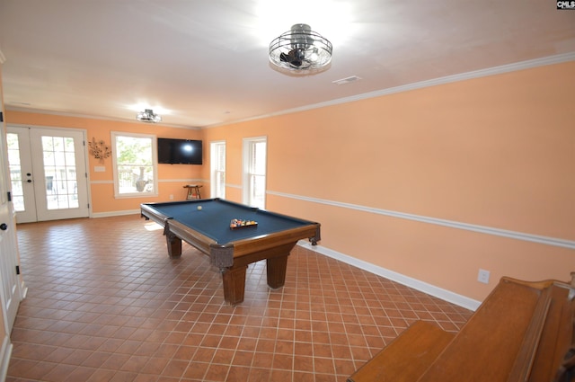 playroom featuring tile patterned floors, crown molding, pool table, and french doors