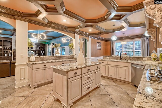 224 Robin Hood Rd, Elgin, SC 29045 - kitchen with backsplash, crown molding, appliances with stainless steel finishes, light stone counters, and glass insert cabinets