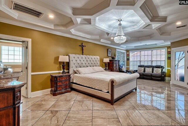 224 Robin Hood Rd, Elgin, SC 29045 - bedroom with a chandelier, ornamental molding, visible vents, and coffered ceiling