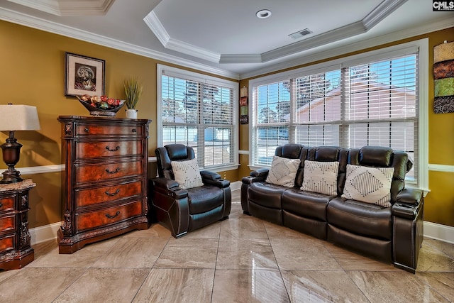 224 Robin Hood Rd, Elgin, SC 29045 - living room featuring visible vents, a raised ceiling, baseboards, marble finish floor, and ornamental molding