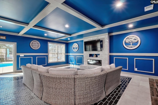 224 Robin Hood Rd, Elgin, SC 29045 - interior space featuring recessed lighting, coffered ceiling, beam ceiling, and a wainscoted wall