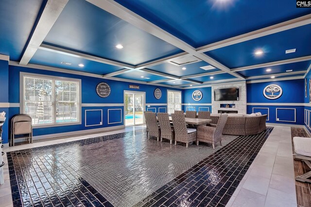 224 Robin Hood Rd, Elgin, SC 29045 - dining space featuring coffered ceiling, a decorative wall, and beamed ceiling
