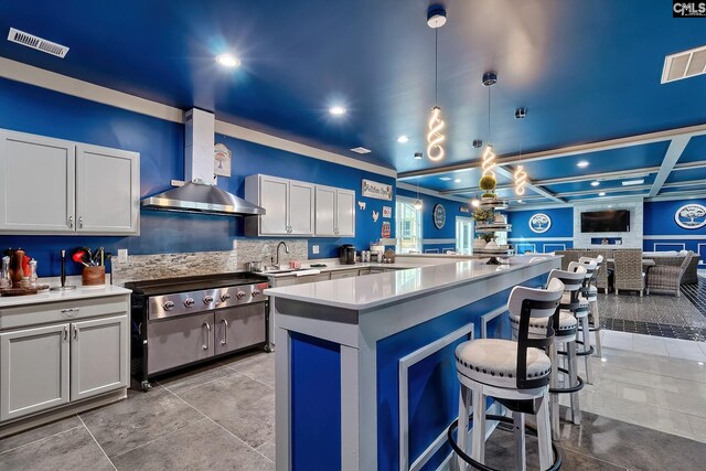 224 Robin Hood Rd, Elgin, SC 29045 - kitchen with visible vents, decorative light fixtures, coffered ceiling, and open floor plan