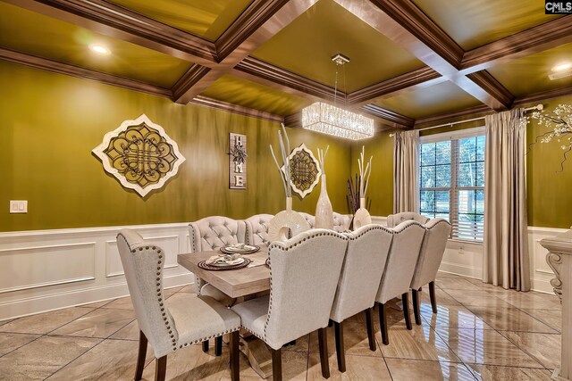 224 Robin Hood Rd, Elgin, SC 29045 - dining area featuring crown molding, coffered ceiling, a decorative wall, and a notable chandelier