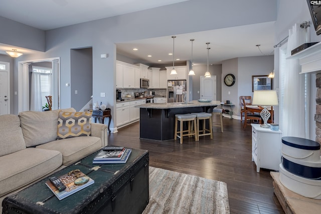 living room with dark wood-type flooring