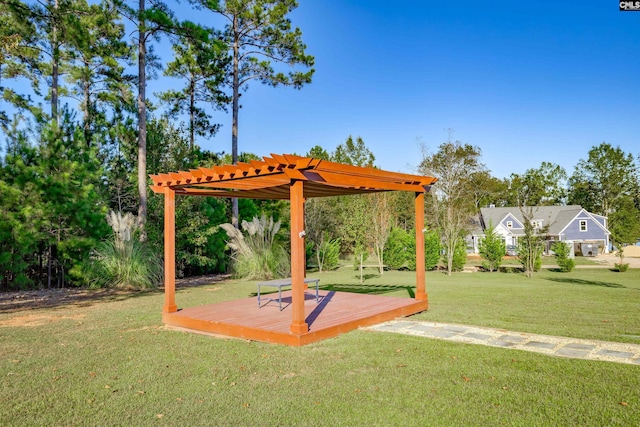 view of yard featuring a pergola and a deck