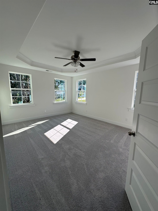 carpeted empty room featuring a tray ceiling and ceiling fan