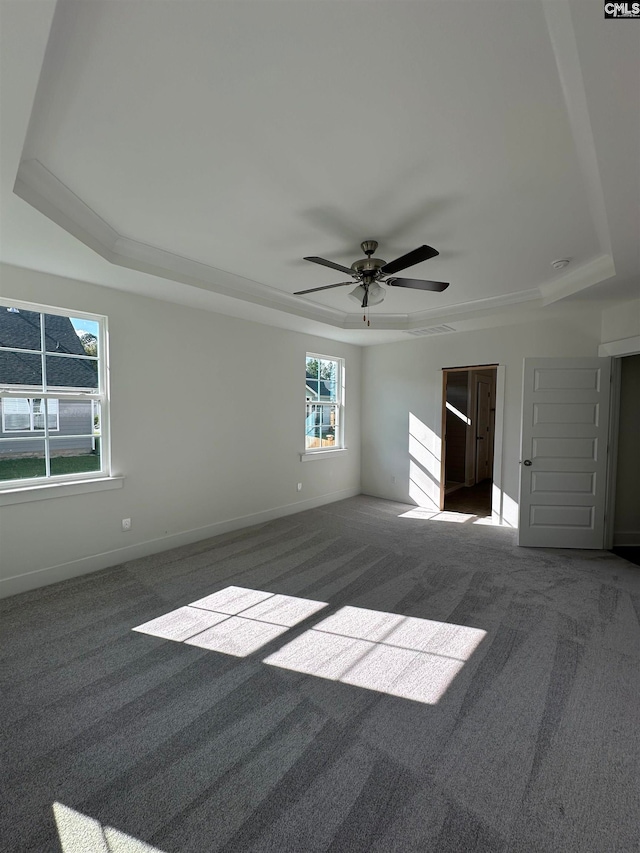 carpeted spare room with a raised ceiling, a healthy amount of sunlight, and ceiling fan