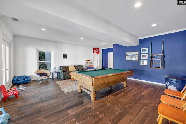 recreation room with ornamental molding, dark hardwood / wood-style floors, billiards, and plenty of natural light