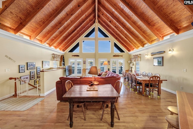 dining space with light hardwood / wood-style flooring, french doors, beam ceiling, and wooden ceiling