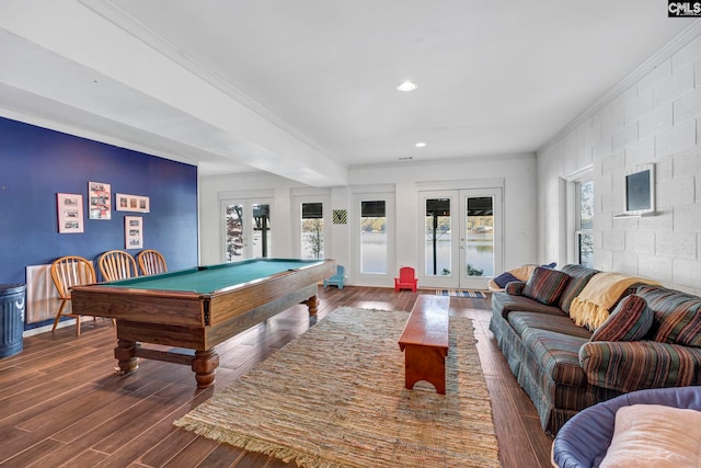 recreation room featuring a wealth of natural light, french doors, and dark hardwood / wood-style flooring