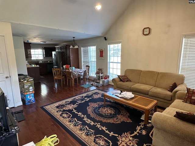 living room with high vaulted ceiling, sink, and dark hardwood / wood-style flooring