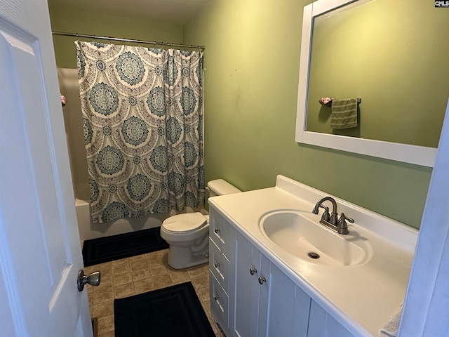 full bathroom with toilet, vanity, and shower / bathtub combination with curtain