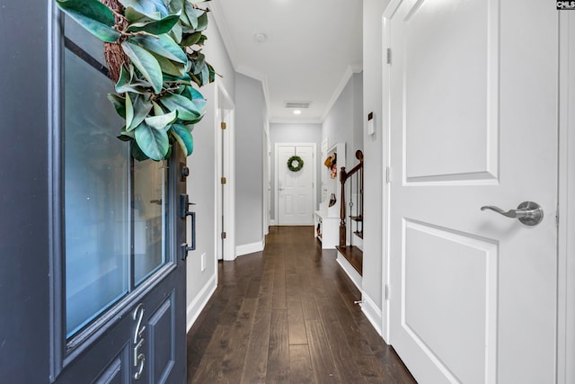 interior space featuring crown molding and dark hardwood / wood-style floors