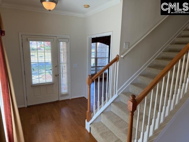 entryway featuring wood-type flooring and ornamental molding