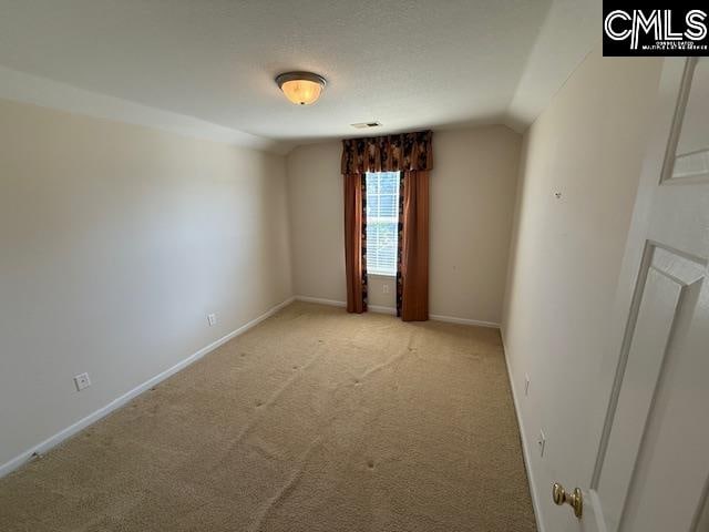 carpeted spare room featuring lofted ceiling