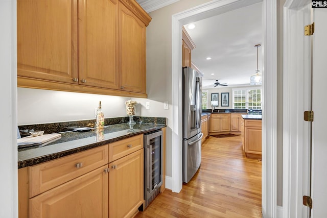 4 High Park Ct, Elgin, SC 29045 - kitchen with stainless steel fridge, wine cooler, light wood-type flooring, light brown cabinets, and recessed lighting