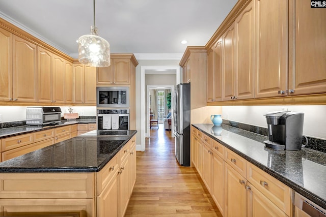 4 High Park Ct, Elgin, SC 29045 - kitchen featuring stainless steel appliances, light brown cabinetry, light wood finished floors, a kitchen island, and dark stone countertops