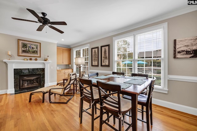 4 High Park Ct, Elgin, SC 29045 - dining area with light wood-style floors, baseboards, crown molding, ceiling fan, and a fireplace