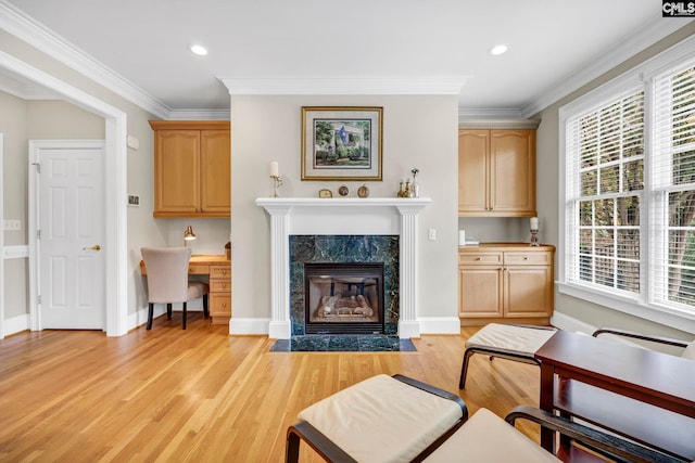 4 High Park Ct, Elgin, SC 29045 - living area with light wood-type flooring, a desk, a fireplace, recessed lighting, and ornamental molding