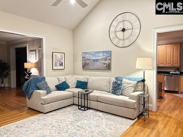 4 High Park Ct, Elgin, SC 29045 - living room featuring ceiling fan, light wood-style floors, and lofted ceiling