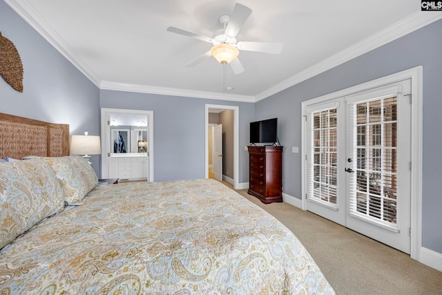 4 High Park Ct, Elgin, SC 29045 - carpeted bedroom with access to outside, crown molding, french doors, connected bathroom, and baseboards