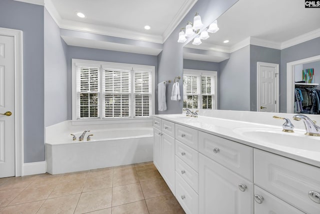 4 High Park Ct, Elgin, SC 29045 - bathroom featuring double vanity, ornamental molding, a garden tub, tile patterned flooring, and a closet