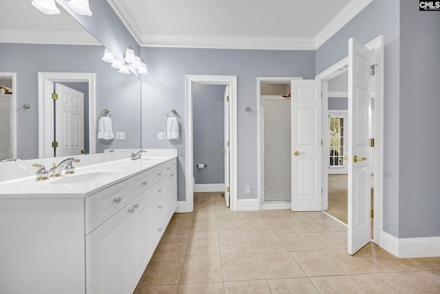 4 High Park Ct, Elgin, SC 29045 - bathroom with double vanity, ornamental molding, a stall shower, tile patterned floors, and baseboards