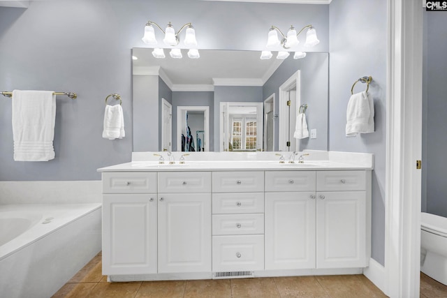 4 High Park Ct, Elgin, SC 29045 - full bath featuring double vanity, crown molding, toilet, a bath, and tile patterned floors
