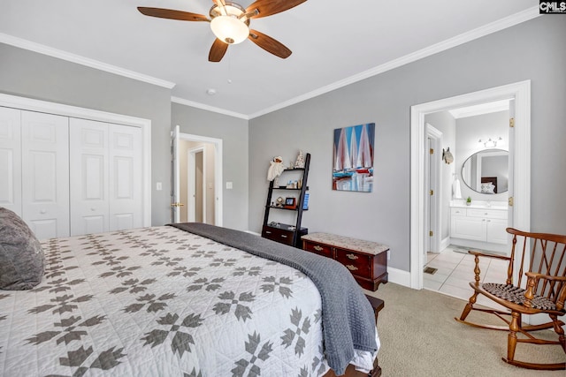 4 High Park Ct, Elgin, SC 29045 - bedroom featuring crown molding, a closet, light colored carpet, ceiling fan, and baseboards