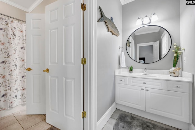 4 High Park Ct, Elgin, SC 29045 - bathroom with tile patterned floors, ornamental molding, vanity, a shower with curtain, and baseboards