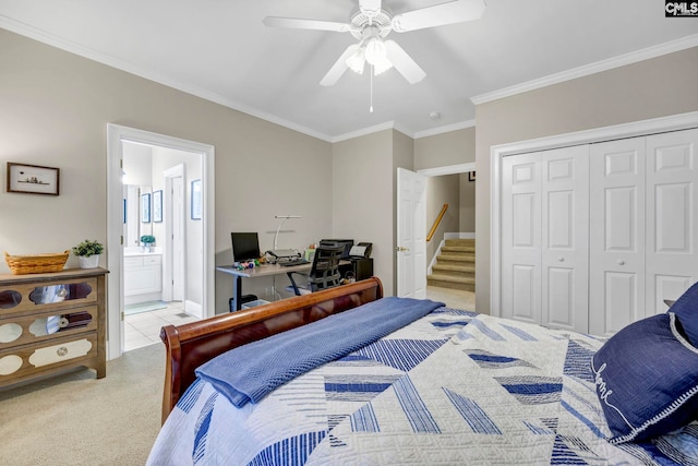 4 High Park Ct, Elgin, SC 29045 - carpeted bedroom with a closet, ornamental molding, ensuite bath, ceiling fan, and a desk