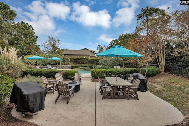 4 High Park Ct, Elgin, SC 29045 - view of patio with a fire pit, a swimming pool, outdoor dining space, and grilling area