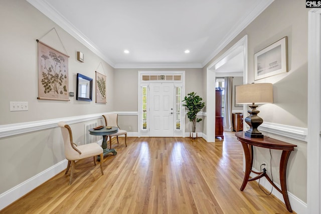 4 High Park Ct, Elgin, SC 29045 - entrance foyer with plenty of natural light, ornamental molding, light wood-type flooring, recessed lighting, and a wainscoted wall
