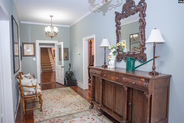 foyer entrance with crown molding, a notable chandelier, and dark hardwood / wood-style flooring