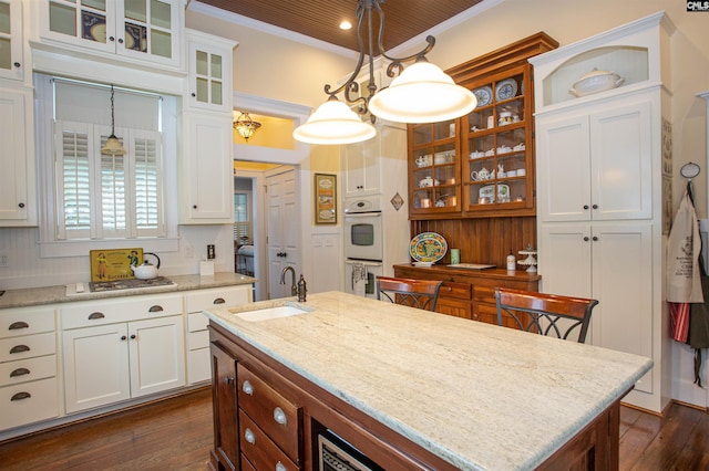 kitchen with dark hardwood / wood-style floors, sink, hanging light fixtures, and an island with sink