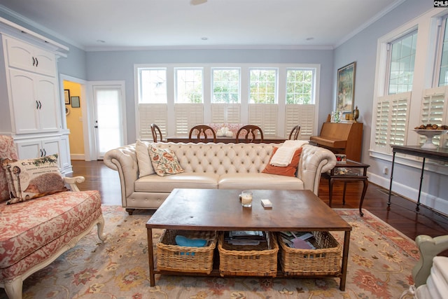 living room with crown molding, light hardwood / wood-style flooring, and plenty of natural light