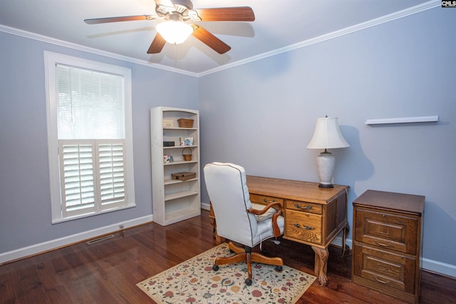 office space featuring crown molding, dark hardwood / wood-style floors, and ceiling fan