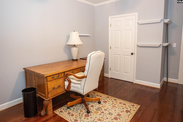 office space featuring crown molding and dark hardwood / wood-style floors