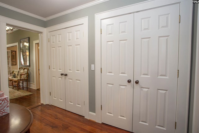 interior space featuring ornamental molding and dark hardwood / wood-style floors