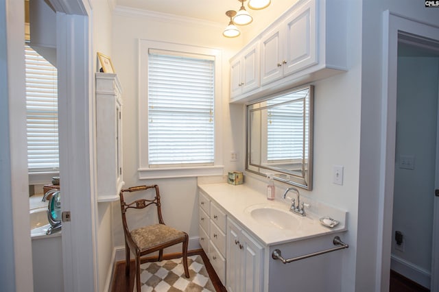 bathroom featuring vanity, crown molding, and hardwood / wood-style flooring