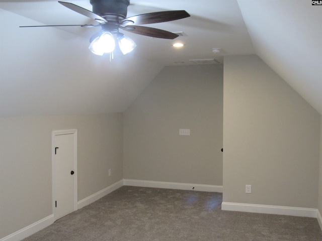 bonus room with carpet flooring, ceiling fan, and vaulted ceiling