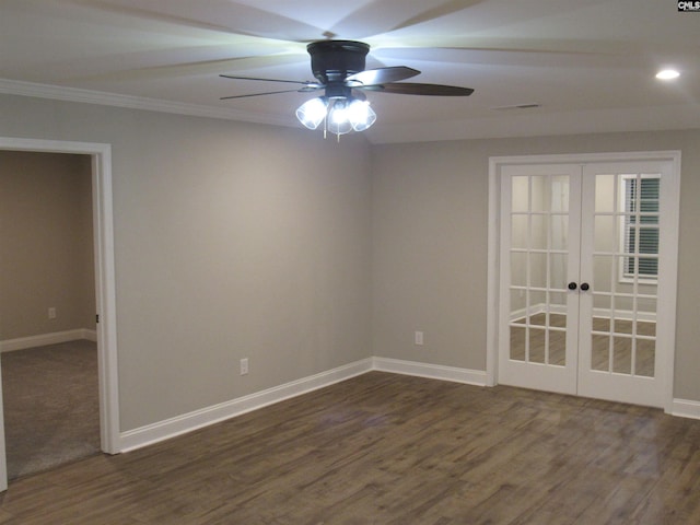 unfurnished room featuring ceiling fan, french doors, dark wood-type flooring, and ornamental molding