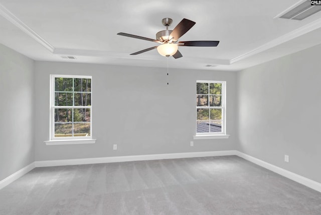 spare room with light carpet, a raised ceiling, ornamental molding, and ceiling fan