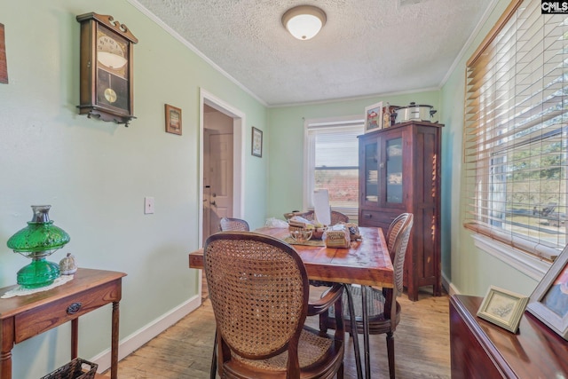 dining room with ornamental molding, hardwood / wood-style flooring, and a textured ceiling