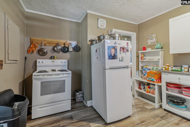 kitchen with white cabinetry, a textured ceiling, light hardwood / wood-style floors, crown molding, and white appliances