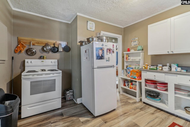 kitchen featuring light hardwood / wood-style floors, crown molding, white cabinetry, and white appliances