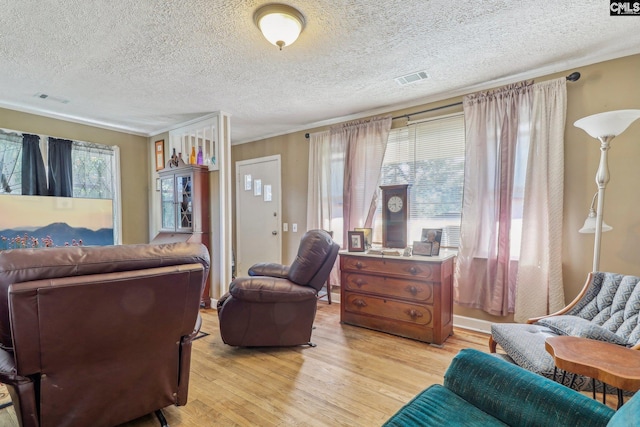 living room featuring light hardwood / wood-style floors, a textured ceiling, and ornamental molding